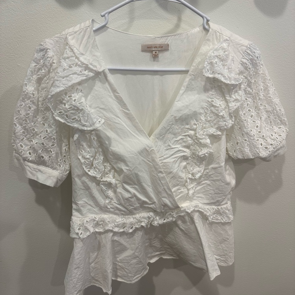 Skies Are Blue White Eyelet Ruffle Wrap Blouse
